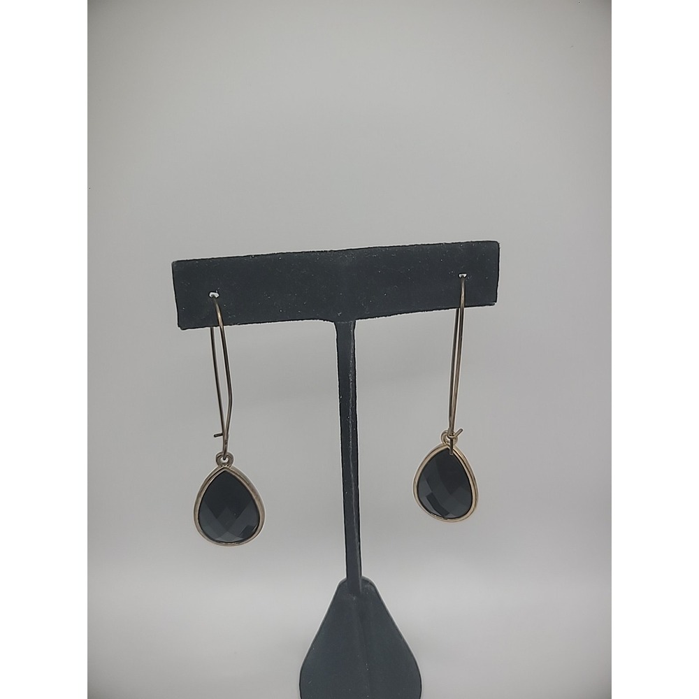 Vintage Earrings Gold Tone Hook Pierced Black Teardrop Drop Dangle Jewelry